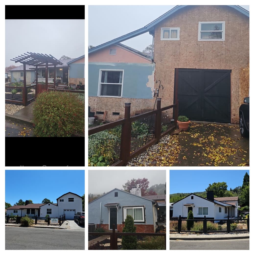Whole-home exterior remodel — new sheathing, siding and garage doors — by RLS Custom Carpentry in Mendocino County, CA