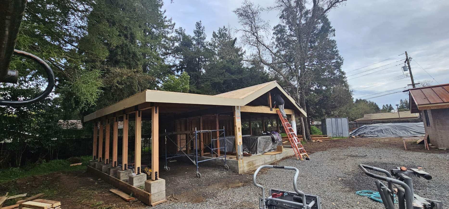 Wide framing band of a new structure by RLS Custom Carpentry in Mendocino County, CA