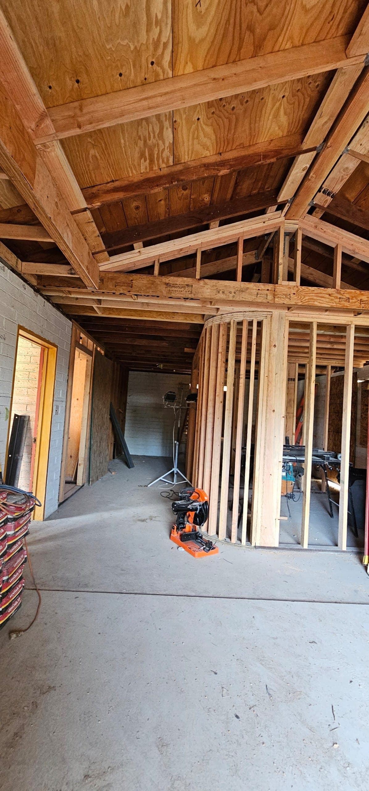 Tall framing detail of a new structure by RLS Custom Carpentry in Mendocino County, CA