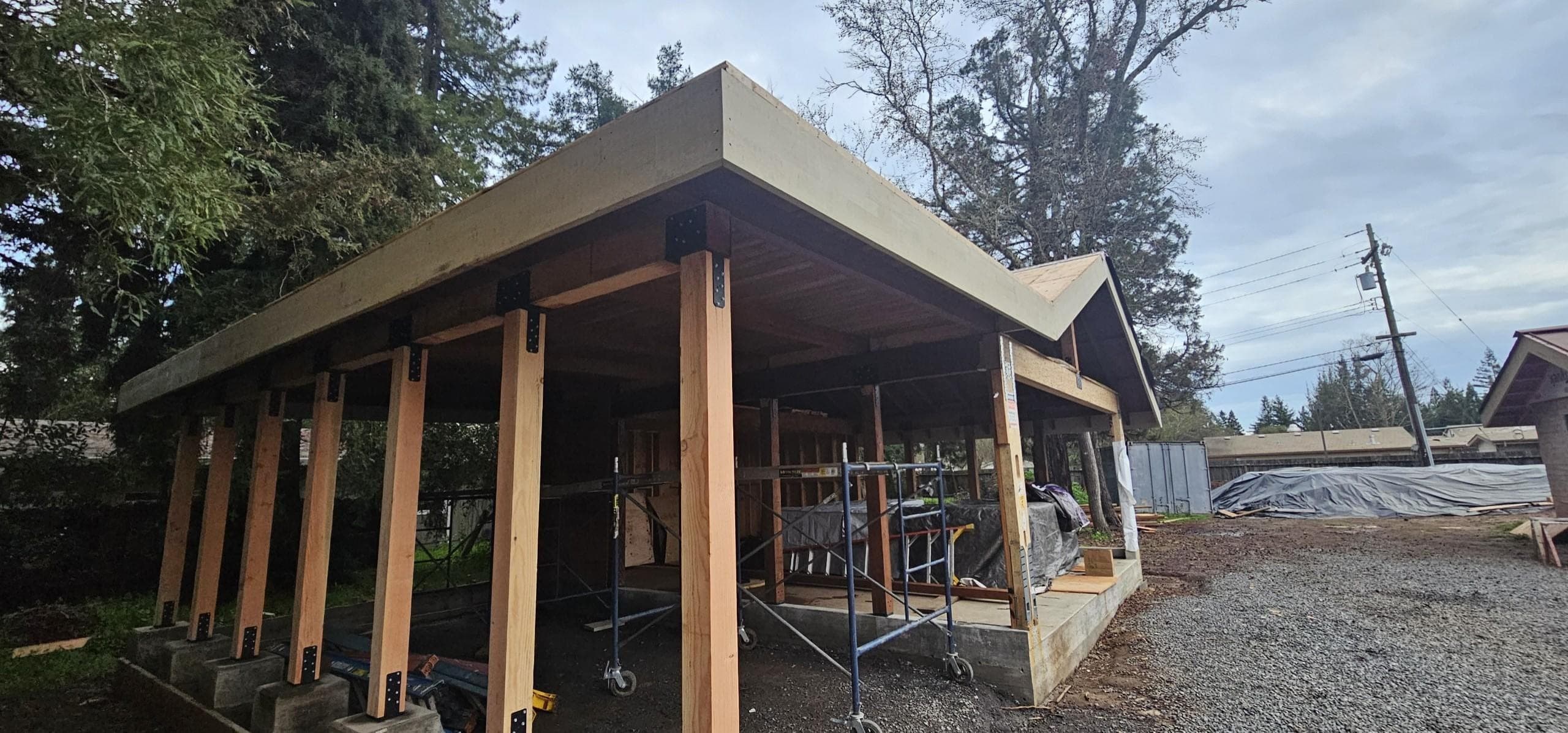 Wide view of framing on a building by RLS Custom Carpentry in Mendocino County, CA