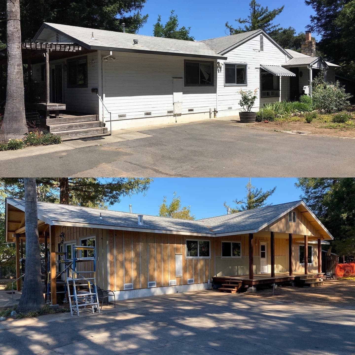 Before-and-after of a home remodel and addition — remodeled and re-sheathed with new siding — by RLS Custom Carpentry in Mendocino County, CA