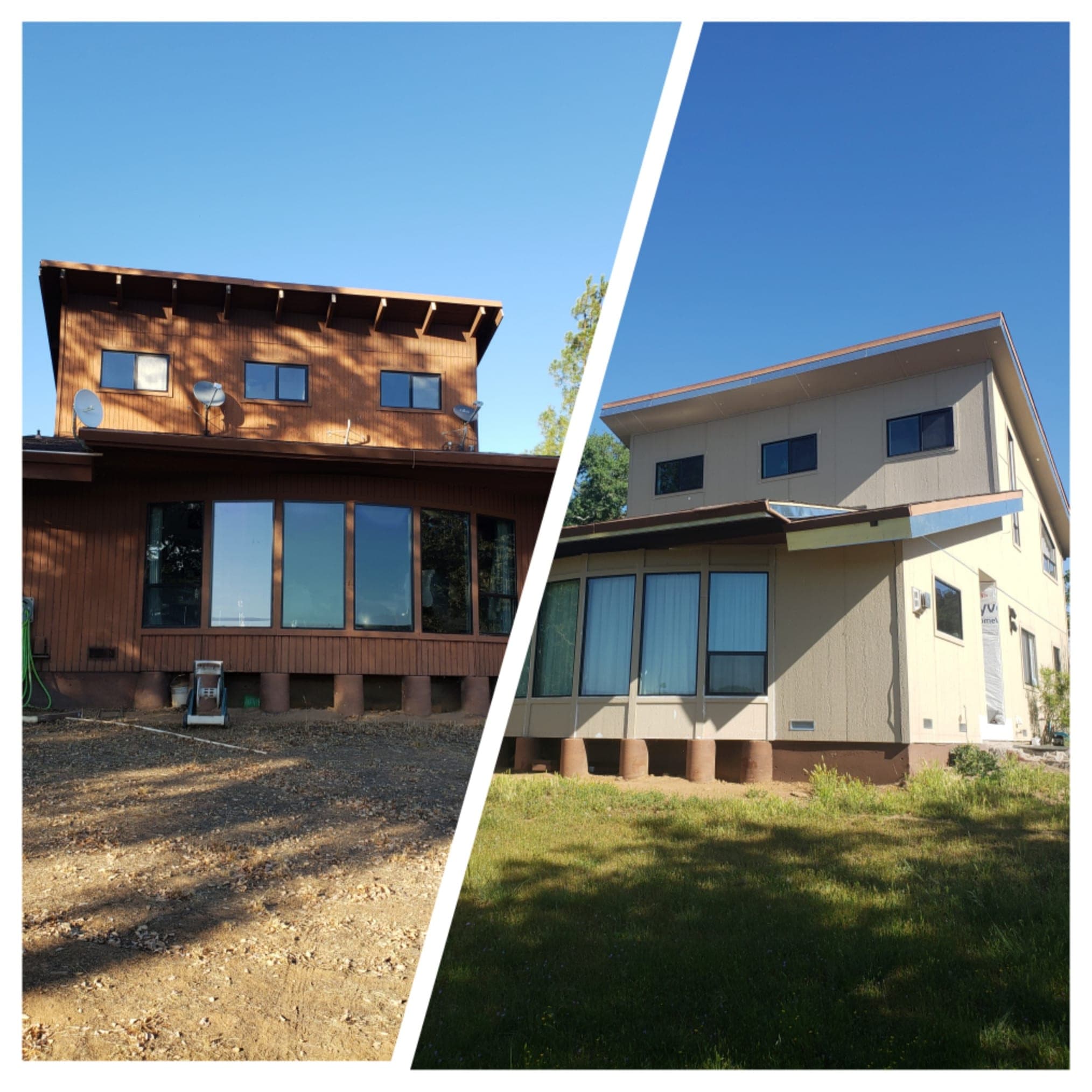 Before-and-after of a whole-home exterior remodel — new siding and finish — by RLS Custom Carpentry in Mendocino County, CA